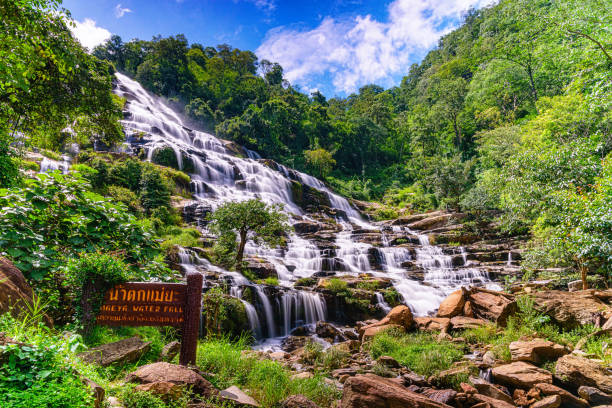 A majestic waterfall cascades through the lush forest of Doi Inthanon National Park, offering a refreshing escape in the heart of Chiang Mai’s highest mountain.