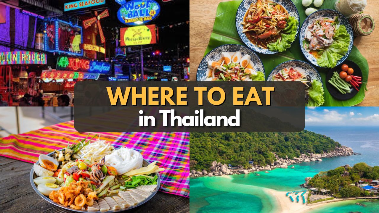 A graphic showing Thaifood and travel destinations for tourists who want to know where to eat in Thailand.